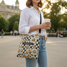 レトロGroovyデイジーチェッカーボパーソナライズされたード名 クロスボディバッグ