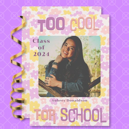 レトロGroovyピンクイエローパープルフローラ卒業 案内状