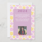 レトロGroovyピンクイエローパープルフローラ卒業 案内状 (裏面)