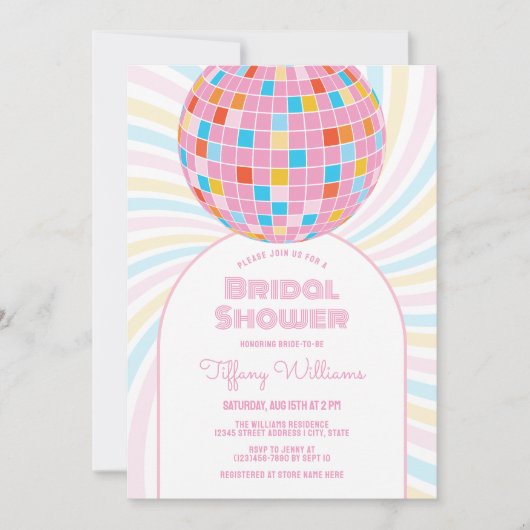 レトロGroovyピンクディスコボール70s 80sブライダルシャワー 招待状 (正面)