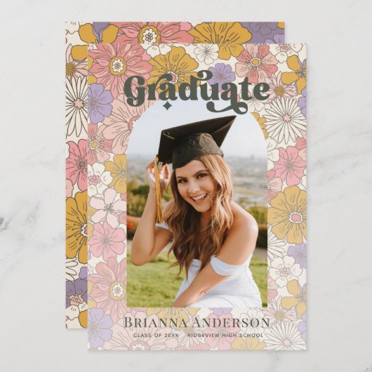 レトロGroovyピンクフローラアーチ卒業写真 招待状 (正面/裏面)