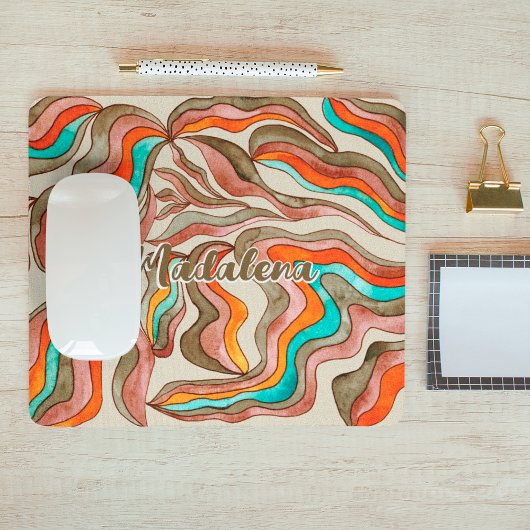 レトロGroovyピンク焼きオレンジの波状スクリプト名 マウスパッド