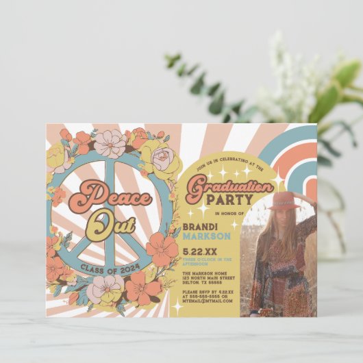 レトロGroovyフローラアーチ写真卒業パーティー 招待状 (スタンド正面)