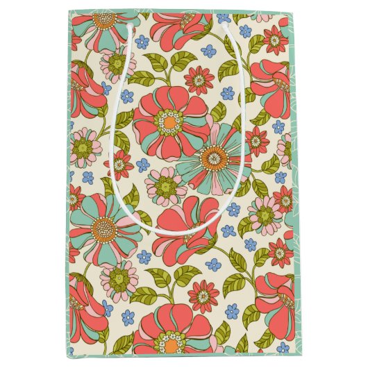 レトロGroovyフローラピンクと緑 ミディアムペーパーバッグ (正面)