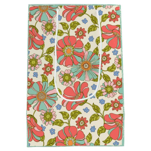 レトロGroovyフローラピンクと緑 ミディアムペーパーバッグ (裏面)