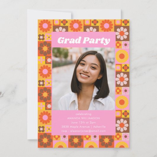 レトロGroovyフローラピンク卒業パーティーの写真 招待状 (正面)