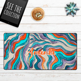 レトロGroovyブルーオレンジパープルウェーブスクリプト名 デスクマット