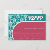 レトロgroovyマゼンタおよびティール(緑がかった色)70sウェディングRSVP 出欠カード (正面)