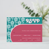 レトロgroovyマゼンタおよびティール(緑がかった色)70sウェディングRSVP 出欠カード (スタンド正面)