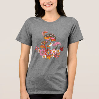 レトロGroovyマッシュルームガーデンとピースサイン トライブレンドＴシャツ