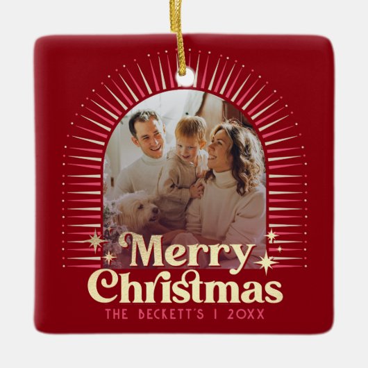 レトロGroovyメリークリスマスファミリーフォト セラミックオーナメント (正面)