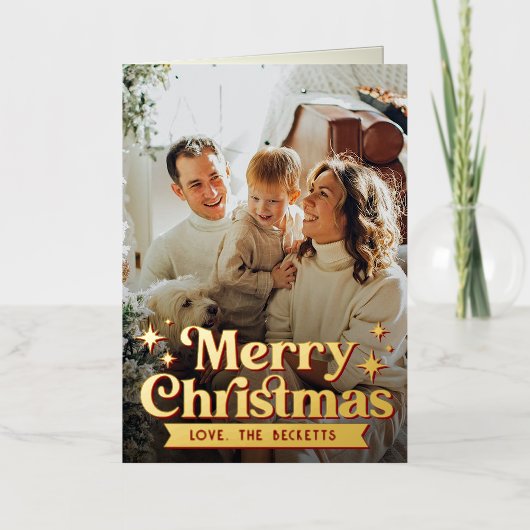 レトロGroovyメリークリスマスフォト実在フォイル 箔シーズンカード (正面)