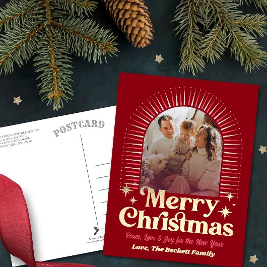 レトロGroovyメリークリスマスフォト シーズンポストカード