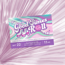 レトロGroovyローラースケートで滑るパーティー紫とピンク 招待状