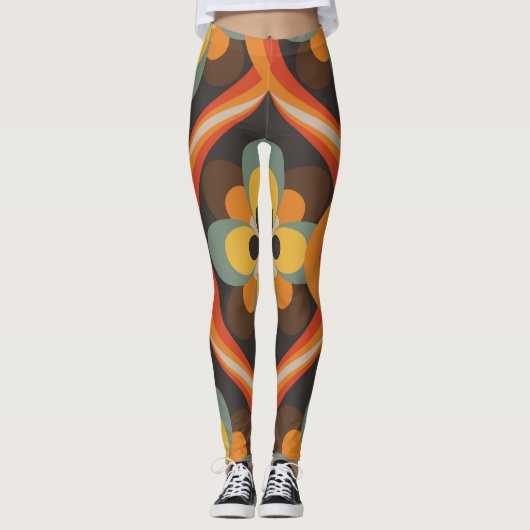 レトロGroovy幾何学的オレンジ色のフローラレギンス レギンス (正面)
