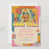 レトロGroovy 1960sバチェロレッテ週末の日程 招待状 (正面)