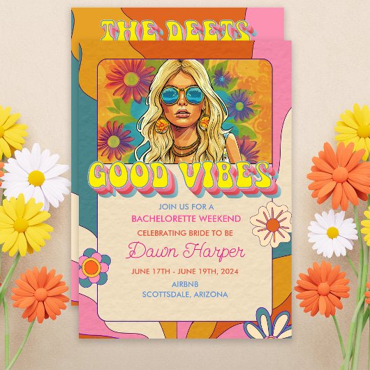 レトロGroovy 1960sバチェロレッテ週末の日程 招待状