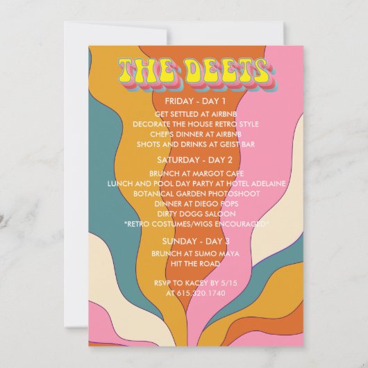 レトロGroovy 1960s誕生日週末の日程 招待状 (裏面)