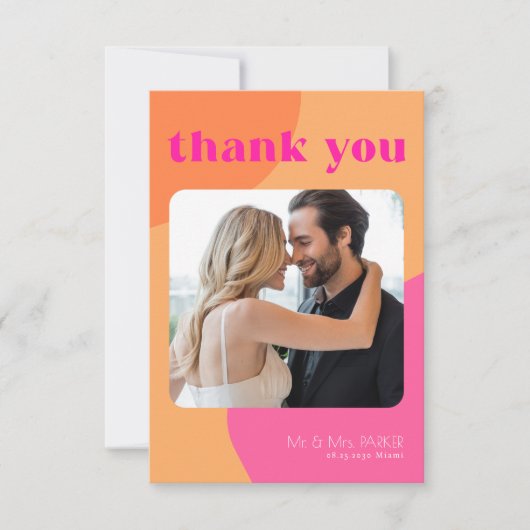 レトロgroovy 70のピンクのオレンジ色の数々の写真結婚の サンキューカード (正面)