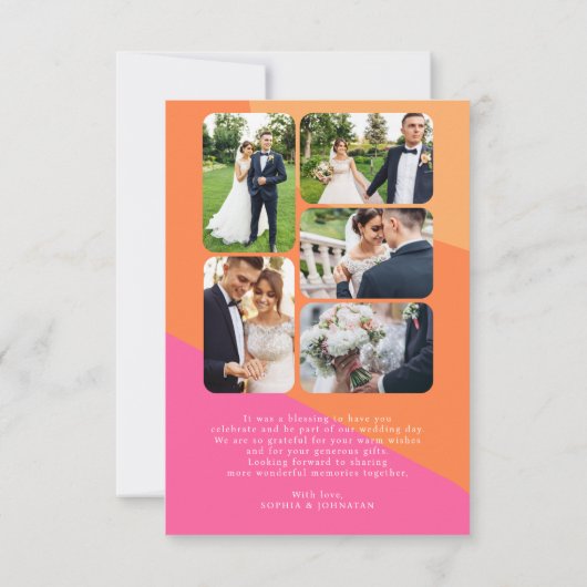 レトロgroovy 70のピンクのオレンジ色の数々の写真結婚の サンキューカード (裏面)