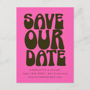レトロGroovy 70はっきりしたsホットピンクグリーン日付を保存 ポストカード