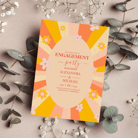 レトロGroovy 70をテーマにしたオレンジ色の黄色の婚約 招待状