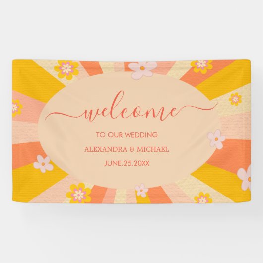 レトロGroovy 70をテーマにしたオレンジ色結婚の黄色 横断幕 (横)