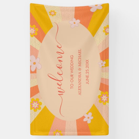 レトロGroovy 70をテーマにしたオレンジ色結婚の黄色 横断幕 (縦)