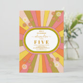 レトロGroovy 70をテーマにしたミュートされたトーン子供の誕生日 招待状 (スタンド正面)