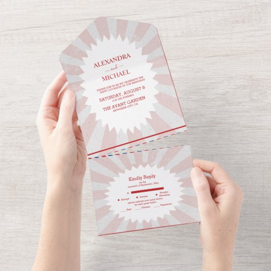 レトロGroovy 70をテーマにしたミュートされたトーン結婚の全て オールインワン招待状 (貼ってはがせる)