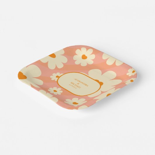 レトロGroovy 70をテーマにしたミュートされたトーン結婚の紙 ペーパープレート (傾斜あり)