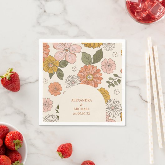 レトロGroovy 70をテーマにしたミュートされたトーン結婚の スタンダードカクテルナプキン (インサイチュ)