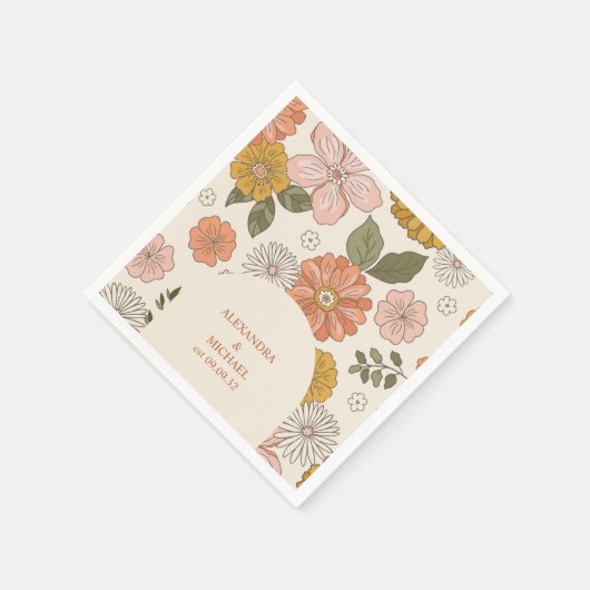 レトロGroovy 70をテーマにしたミュートされたトーン結婚の スタンダードカクテルナプキン (角)