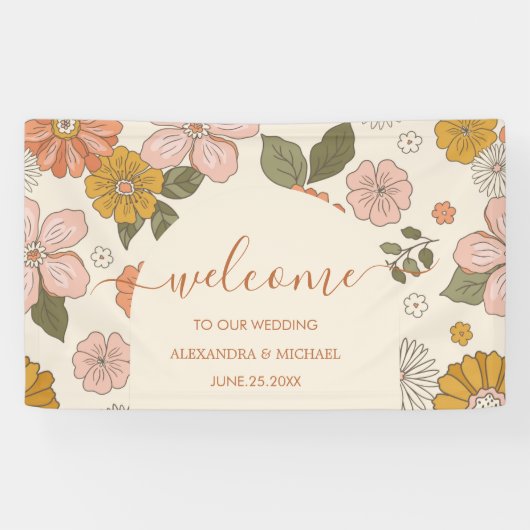 レトロGroovy 70をテーマにしたミュートされたトーン結婚の 横断幕 (横)