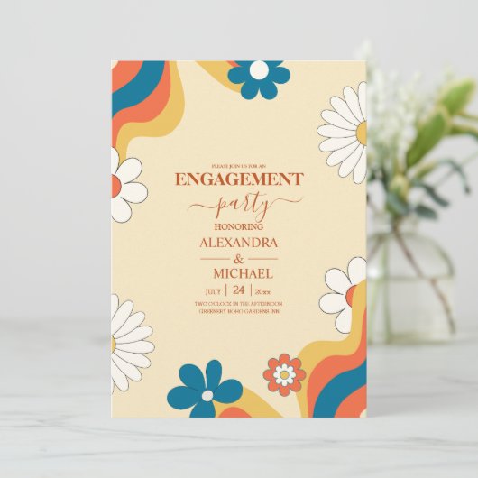 レトロGroovy 70をテーマにしたミュートされたトーン結婚のInvi 招待状 (スタンド正面)