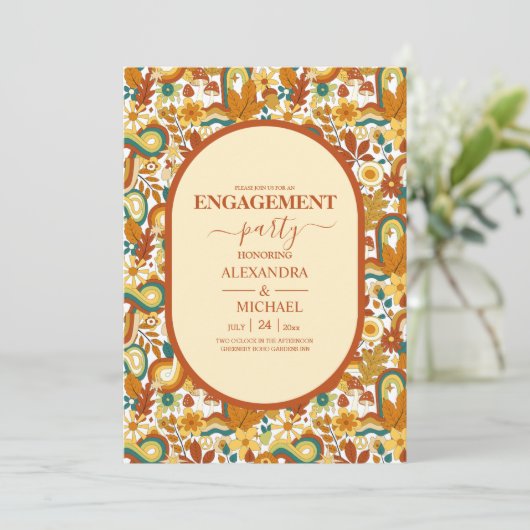 レトロGroovy 70をテーマにしたミュートされたトーン結婚のInvite 招待状 (スタンド正面)