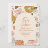 レトロGroovy 70をテーマにしたミュートされたトーン赤ちゃんシャワー 招待状 (正面)