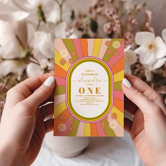 レトロGroovy 70をテーマにしたミュートされたトーン1st誕生日 招待状