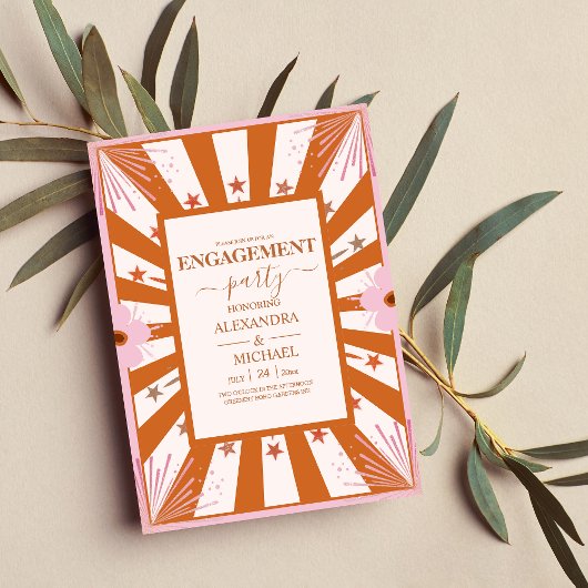 レトロGroovy 70をテーマにした幾何学模様婚約 招待状