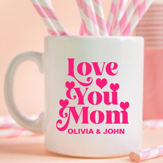 レトロGroovy 70をテーマにした愛あなたママピンク コーヒーマグカップ