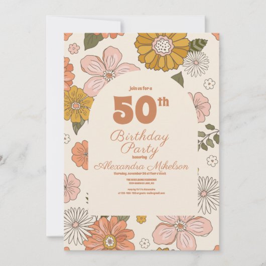 レトロGroovy 70をテーマにした50誕生日 招待状 (正面)