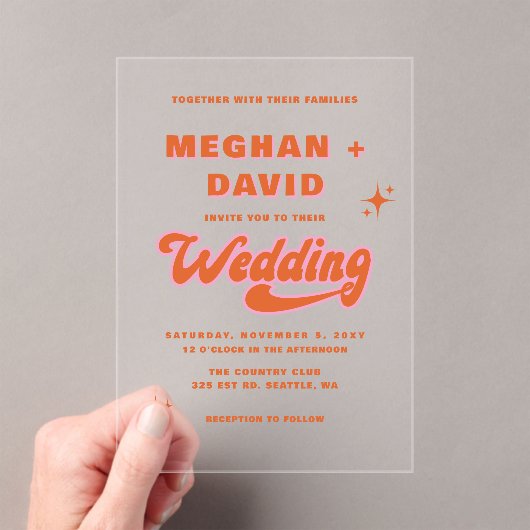 レトロGroovy 70sかわいいアイボリーオレンジピンク結婚ズ アクリル招待状 (インサイチュ (ポータブル))