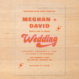 レトロGroovy 70sかわいいアイボリーオレンジピンク結婚ズ アクリル招待状