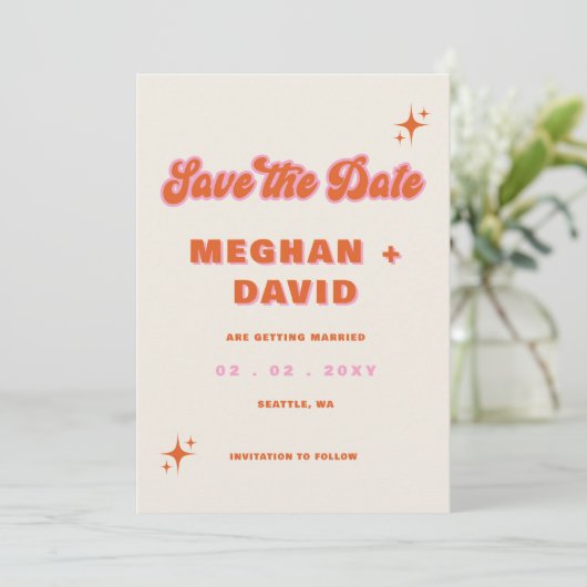 レトロGroovy 70sかわいいアイボリーオレンジピンク結婚ズ セーブザデート (スタンド正面)