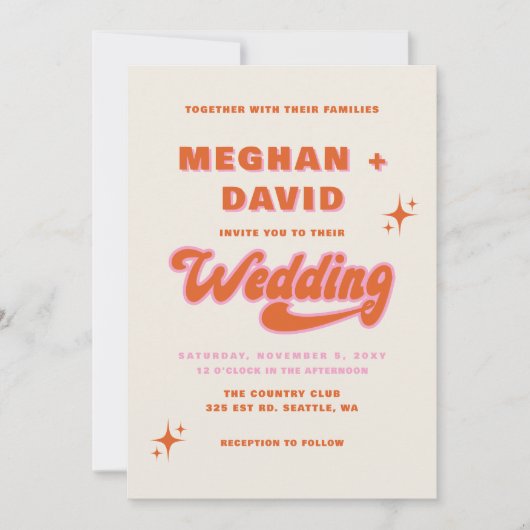 レトロGroovy 70sかわいいアイボリーオレンジピンク結婚ズ 招待状 (正面)