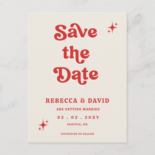 レトロGroovy 70sかわいいアイボリーレッドピンク日付を保存 案内ポストカード (正面)