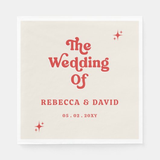 レトロGroovy 70sかわいいアイボリー結婚レッド スタンダードランチョンナプキン (正面)