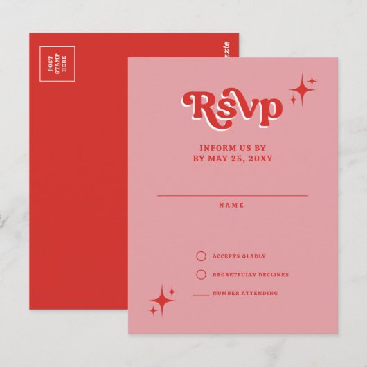 レトロGroovy 70sかわいいピンクと赤のRSVP ポストカード (正面/裏面)