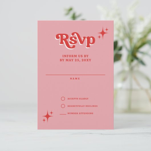 レトロGroovy 70sかわいいピンクと赤結婚の 出欠カード (スタンド正面)