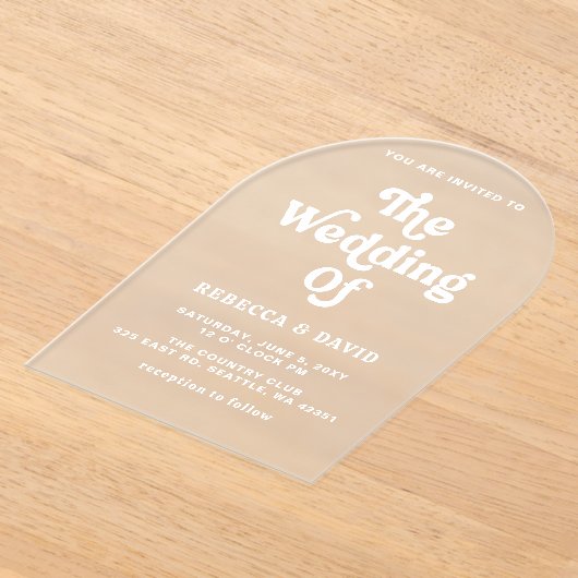 レトロGroovy 70sかわいいピンクの緑の黄色結婚の アクリル招待状 (レイダウン)